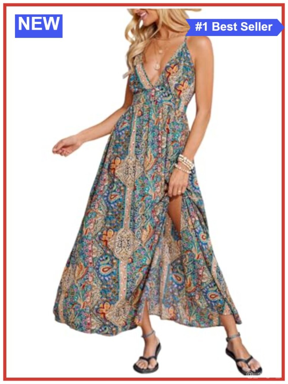 Boho Paisley V-Neck High Slit Maxi Dress Sleeveless Adjustable Spaghetti Straps